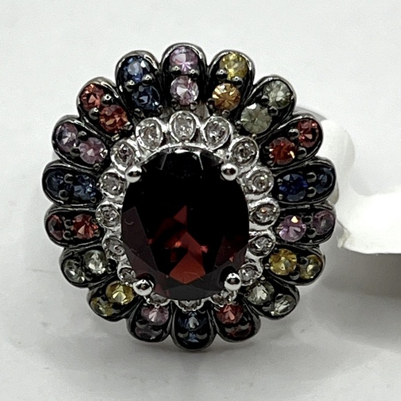 Cocktail Ring Faceted Red Quartz Multi Gemstone Flower Ring Signed FP Sz 6 VTG - Picture 6 of 14